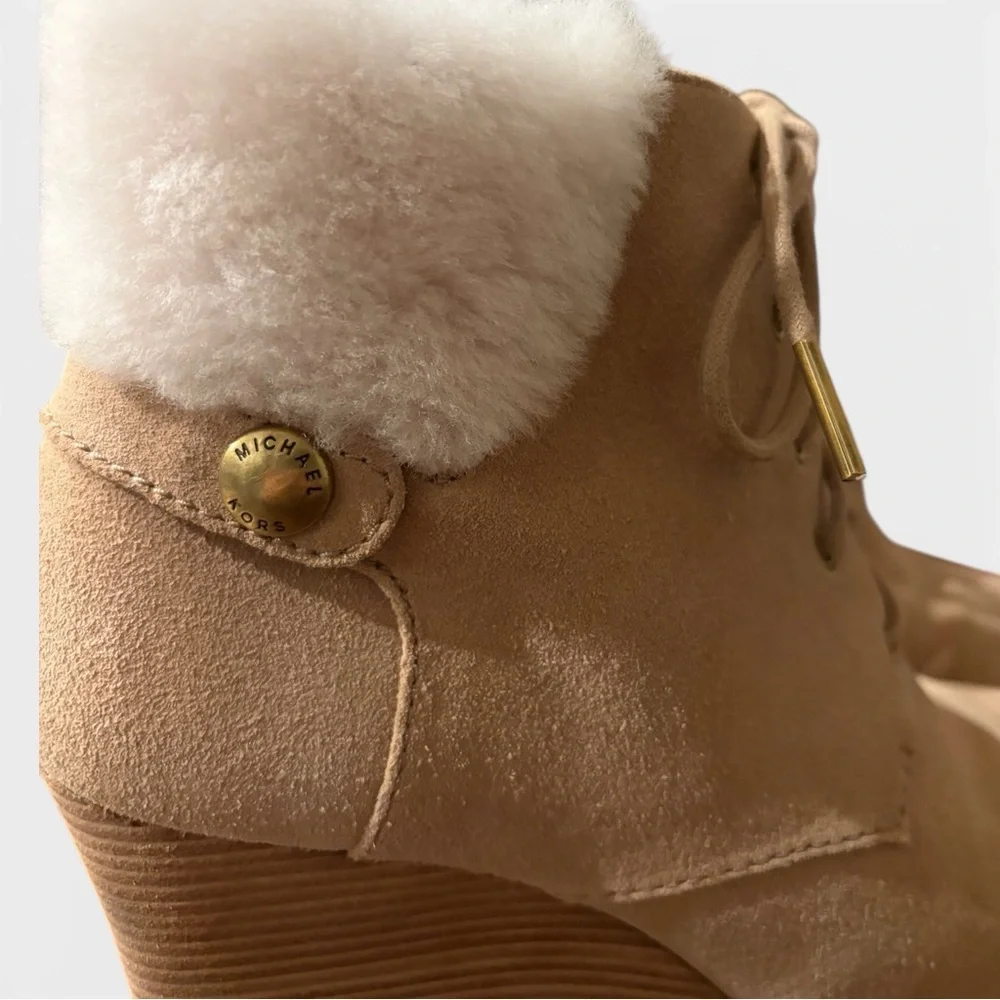 Michael Kors Carrigan Shearling Tan Suede Leather Women's Wedge Ankle Boots